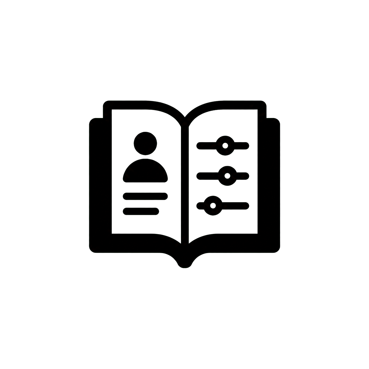 Open book with user profile and settings icons.