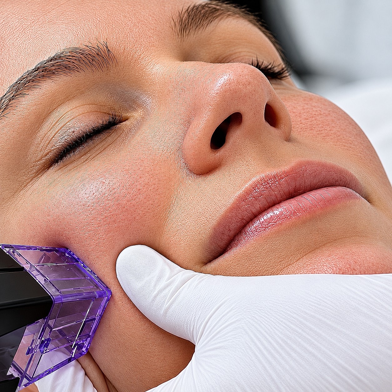 Facial treatment with a beauty device in progress.