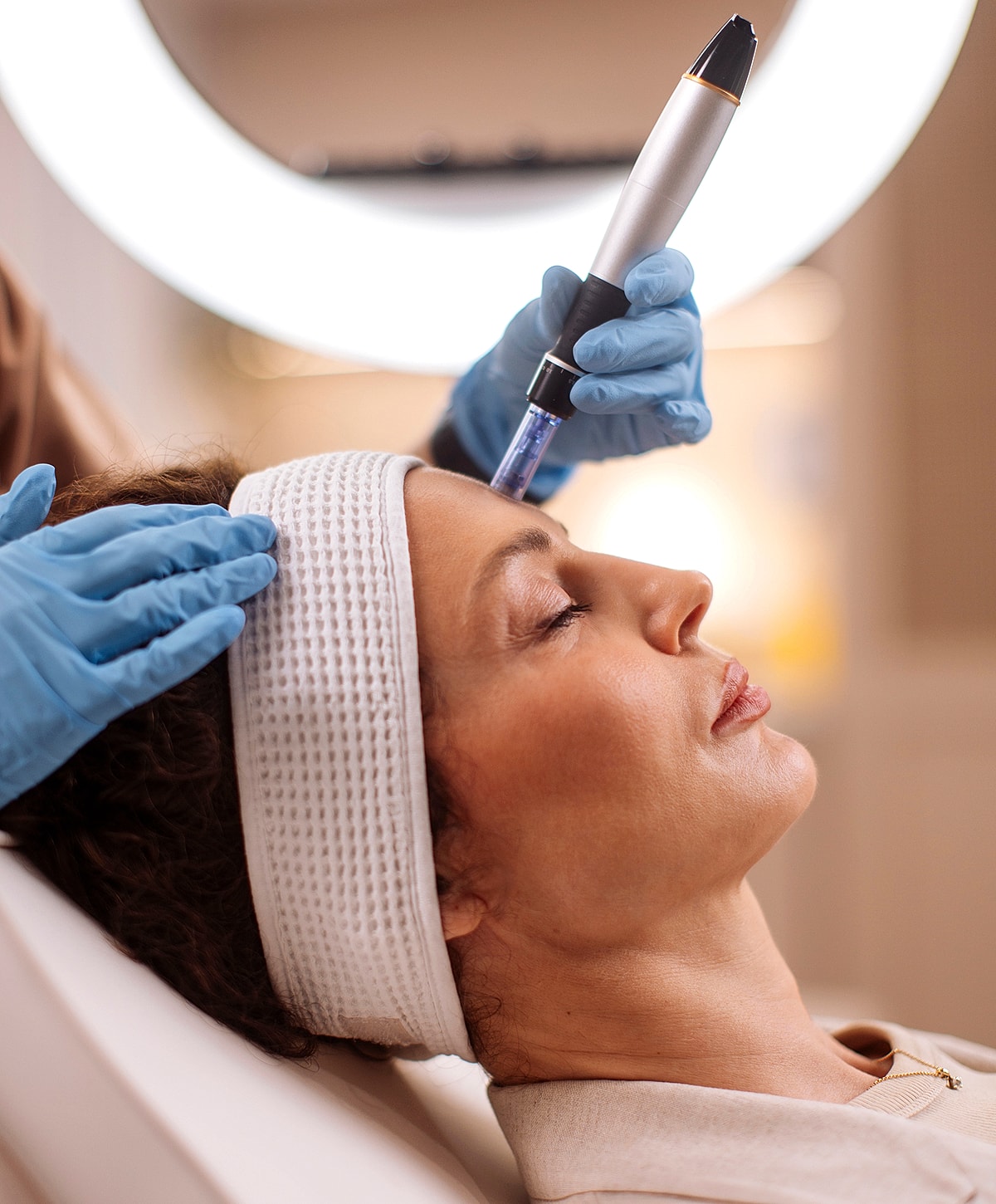Woman receiving a facial treatment with a device.