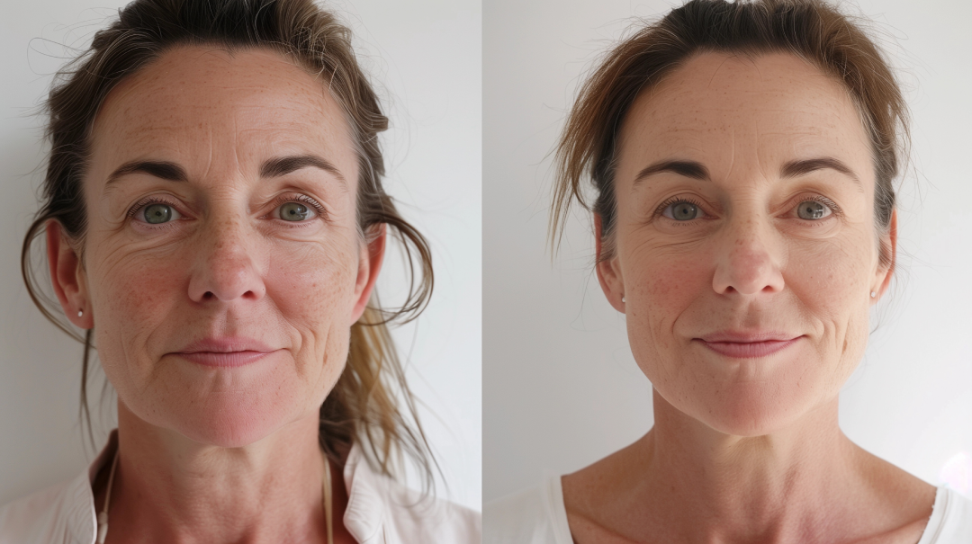 Side-by-side comparison of a woman’s face before and after RF microneedling, showing reduced wrinkles and improved skin texture.