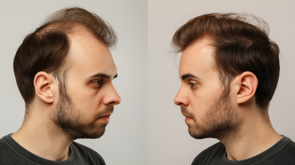Before and after hair restoration results with cosmetic dermatology.