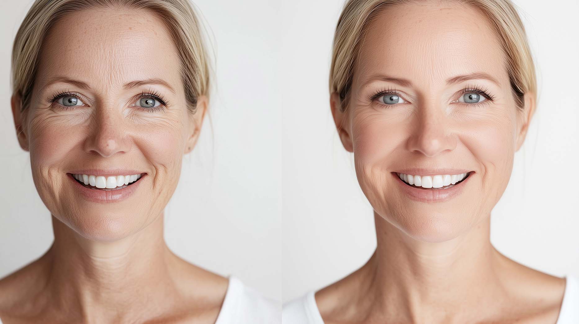 Left and right images show a woman’s face side by side with visible differences in facial lines and skin texture between the two photos.