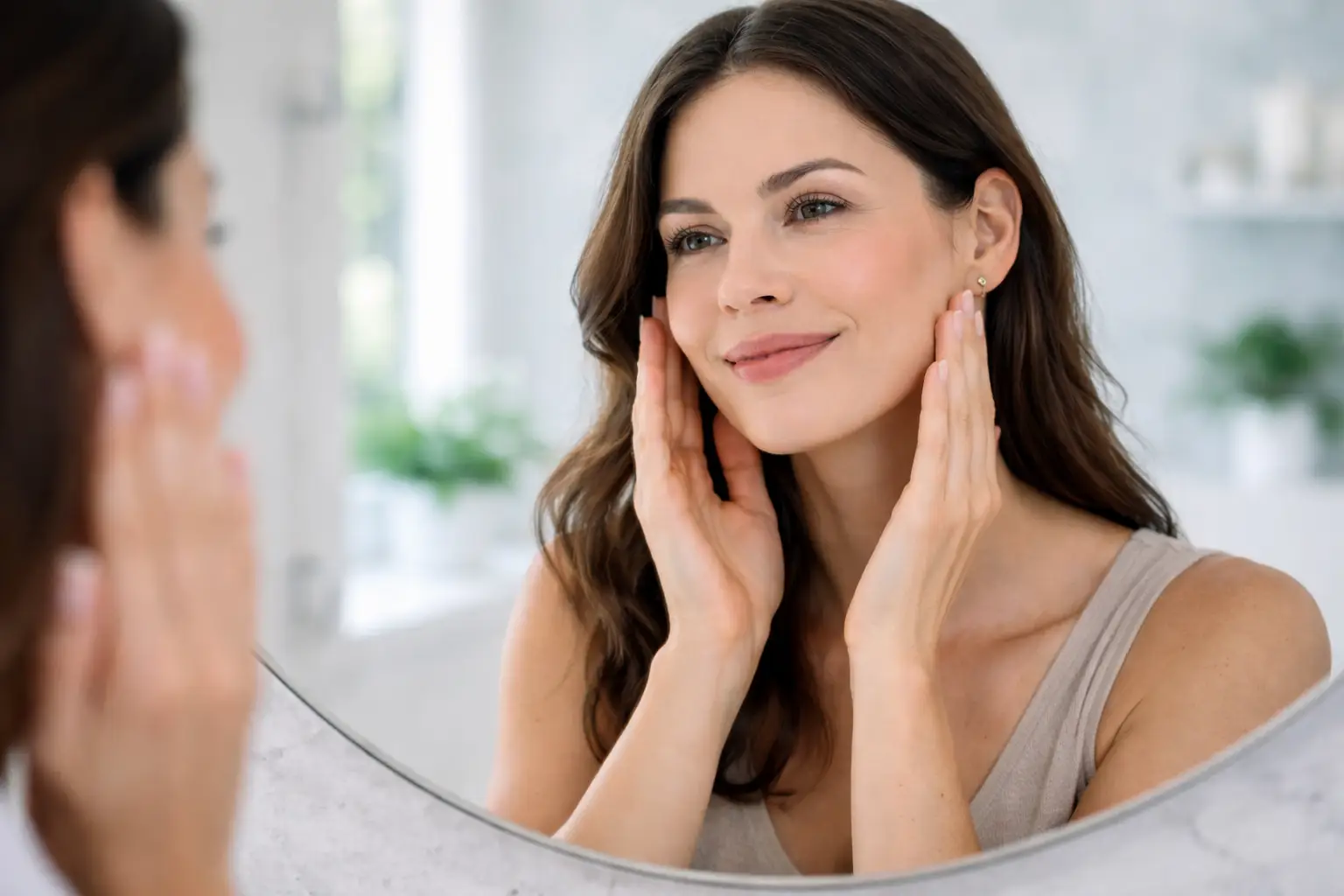 Woman looking in a mirror and gently touching both cheeks with her hands.