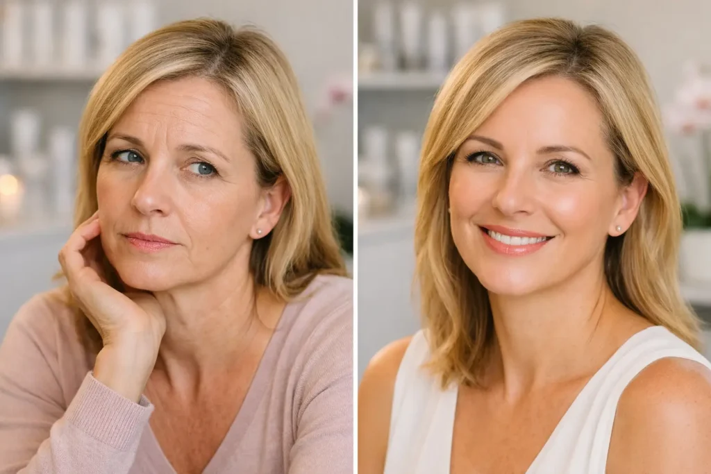 Side-by-side comparison showing woman before Botox with forehead lines and after with smoother skin
