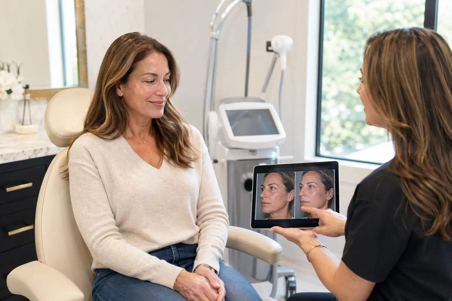 Practitioner showing facial comparison images on tablet to patient