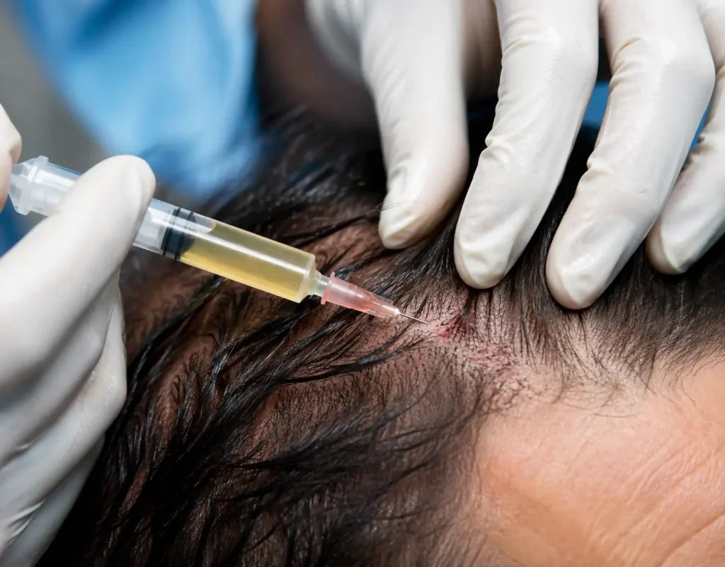 Gloved hands injecting scalp with syringe during hair treatment