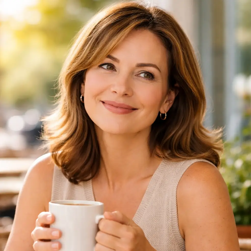 Woman holding a cup of coffee outdoors with smooth skin and a relaxed expression
