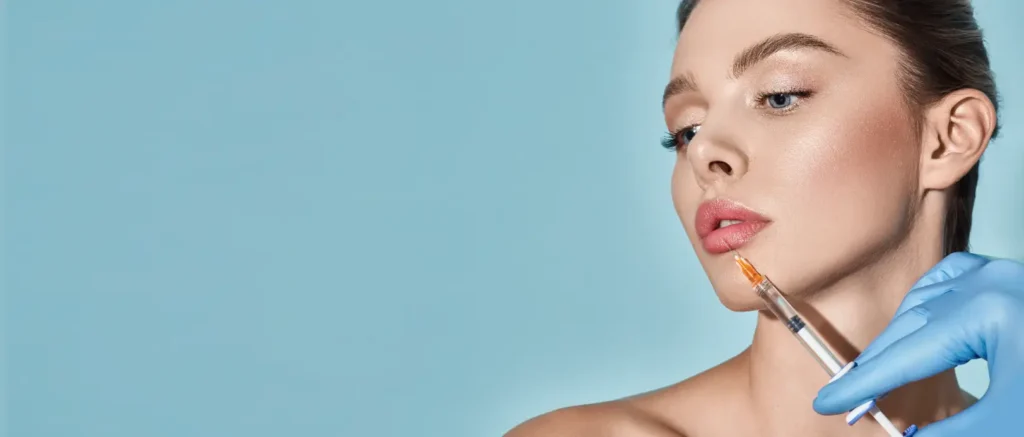 Gloved hand holding a syringe near a woman’s lips against a blue background