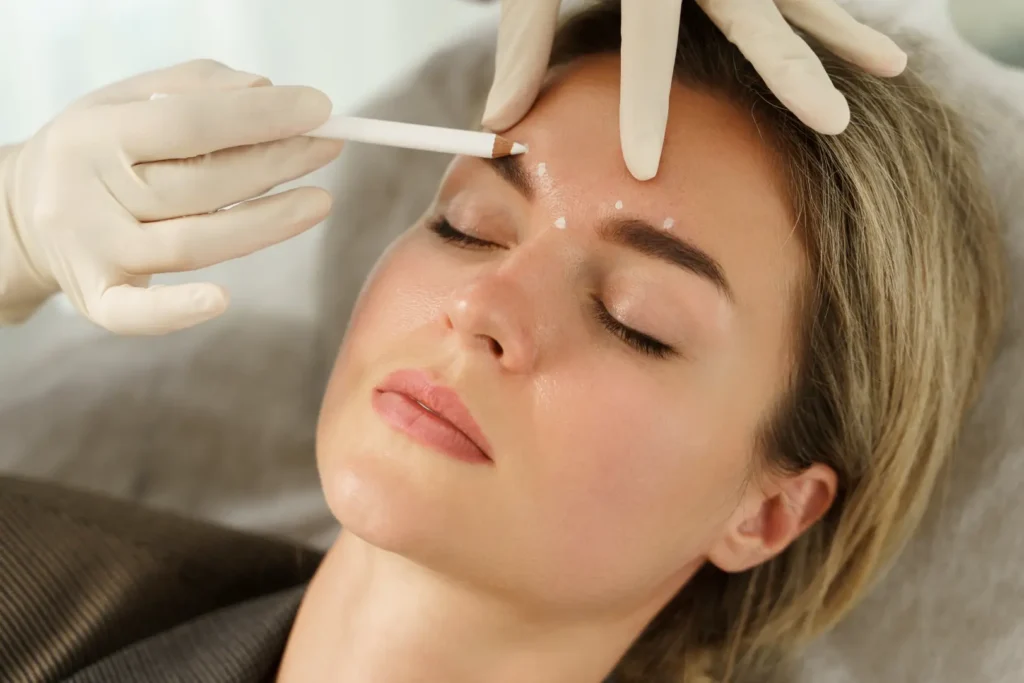 Gloved hands marking points on a woman’s forehead during a cosmetic consultation