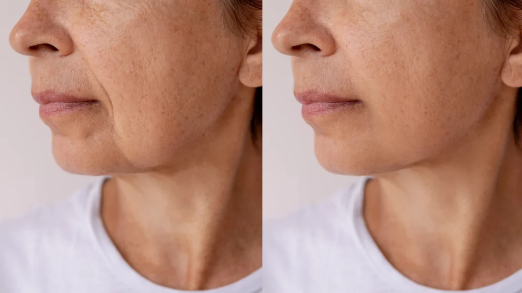 Left and right facial profile images show the same person with visible differences in cheek folds, jawline contour, and skin texture.