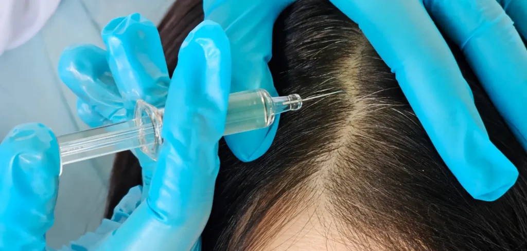 Gloved hands hold parted dark hair while a syringe is positioned at the exposed scalp.